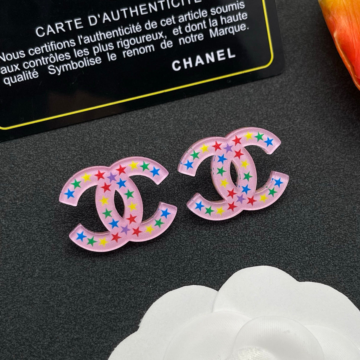 pink acrylic star Stud Earrings for women - alternate angle view 2