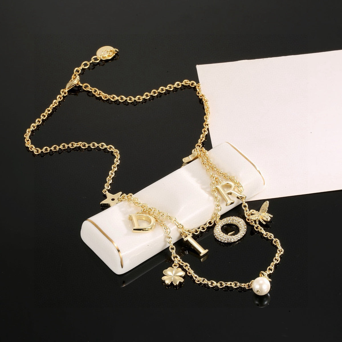 gold crystal letter Necklace for women - product detail view