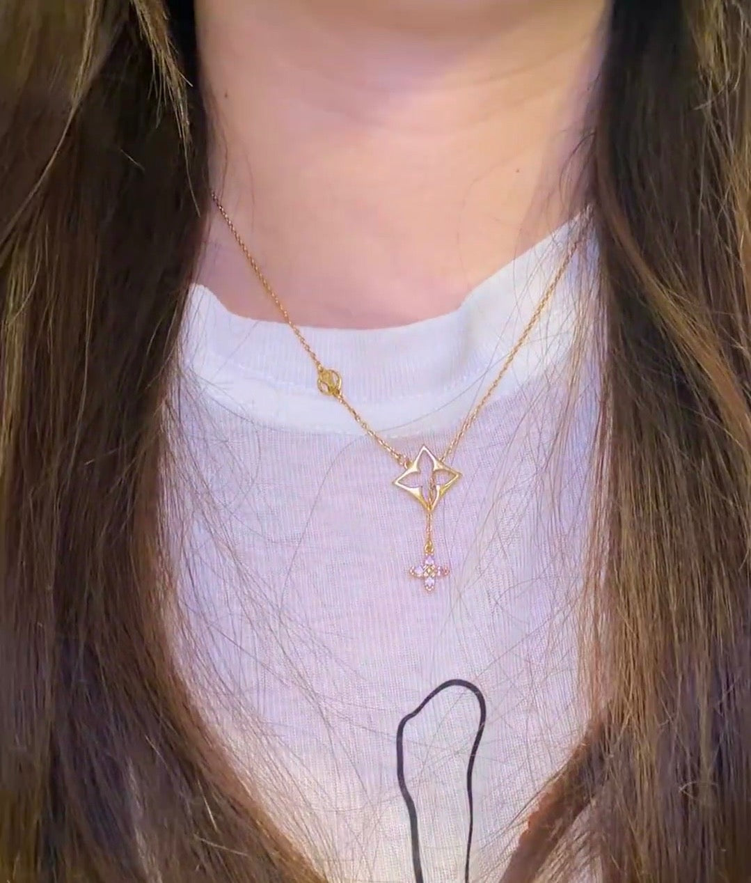 gold crystal clover Necklace for women - alternate angle view 2