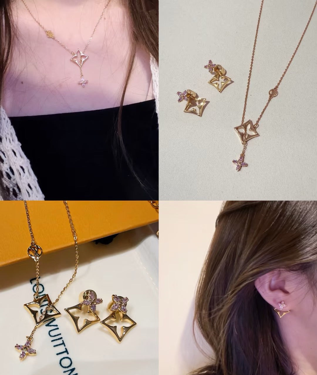 gold crystal clover Necklace for women - alternate angle view 3