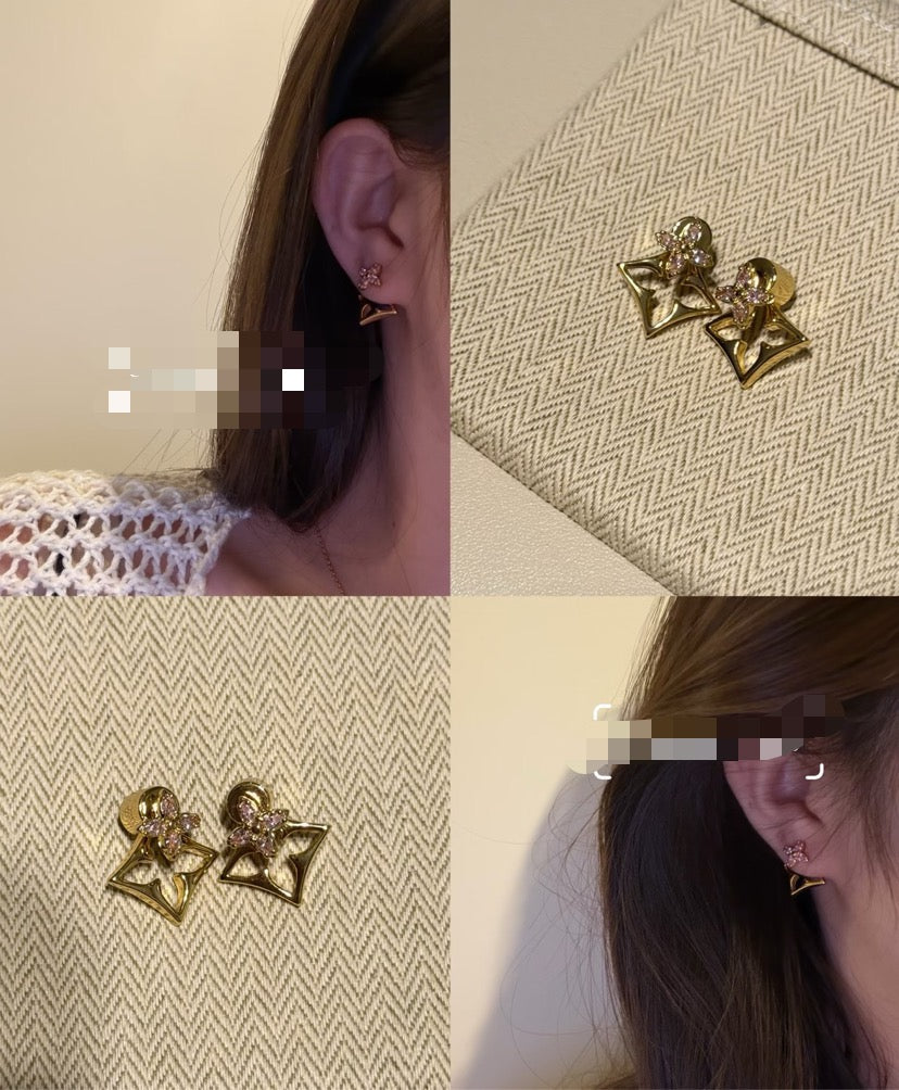 pink crystal clover Stud Earrings for women - alternate angle view 4