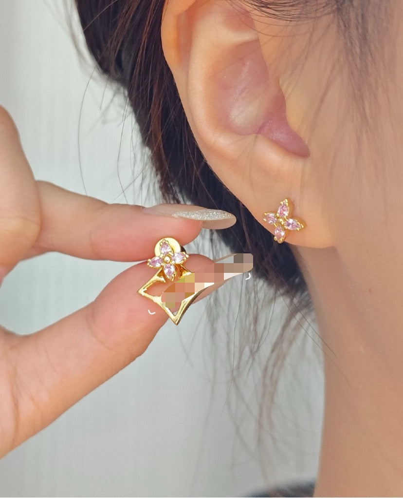 pink crystal clover Stud Earrings for women - product detail view