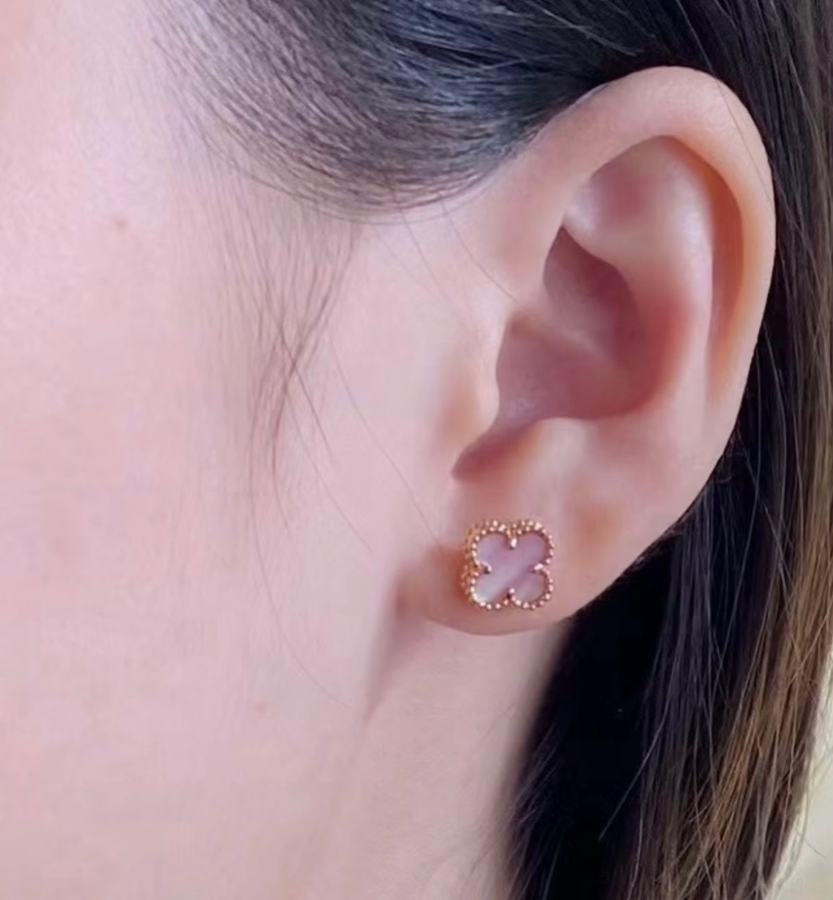 rose gold brass clover Stud Earrings for women - alternate angle view 4