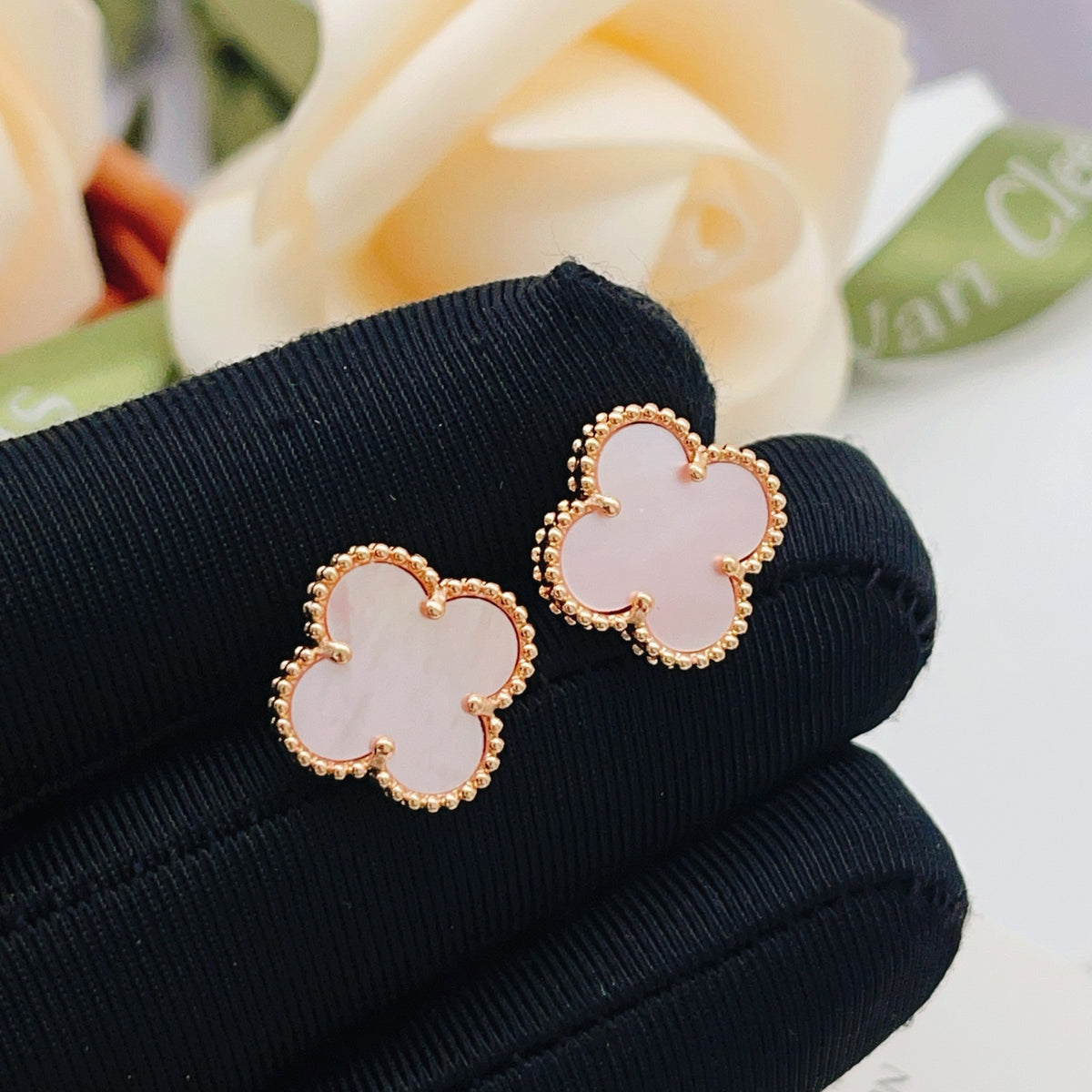 rose gold brass clover Stud Earrings for women - alternate angle view 6
