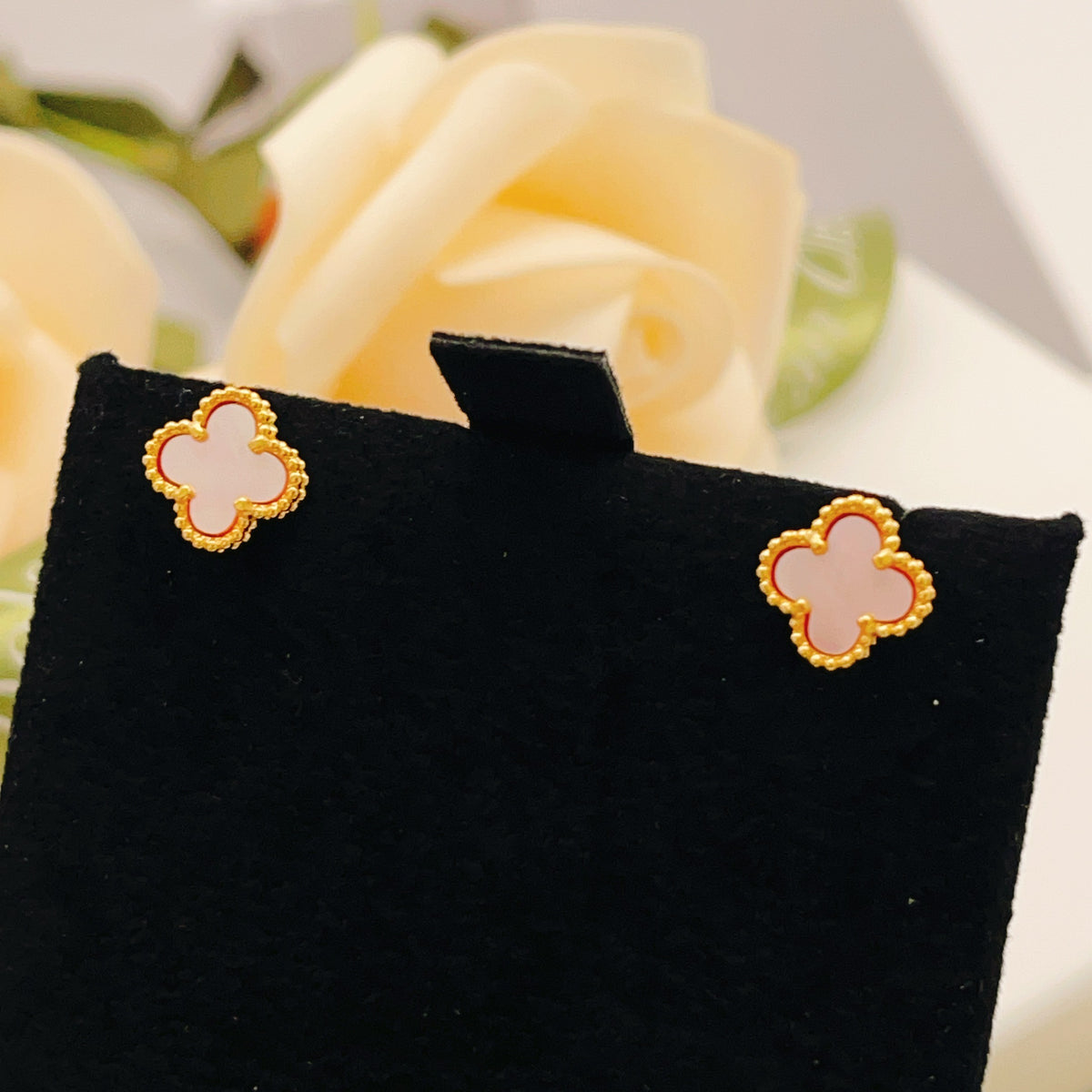 pink brass clover Stud Earrings for women - alternate angle view 4