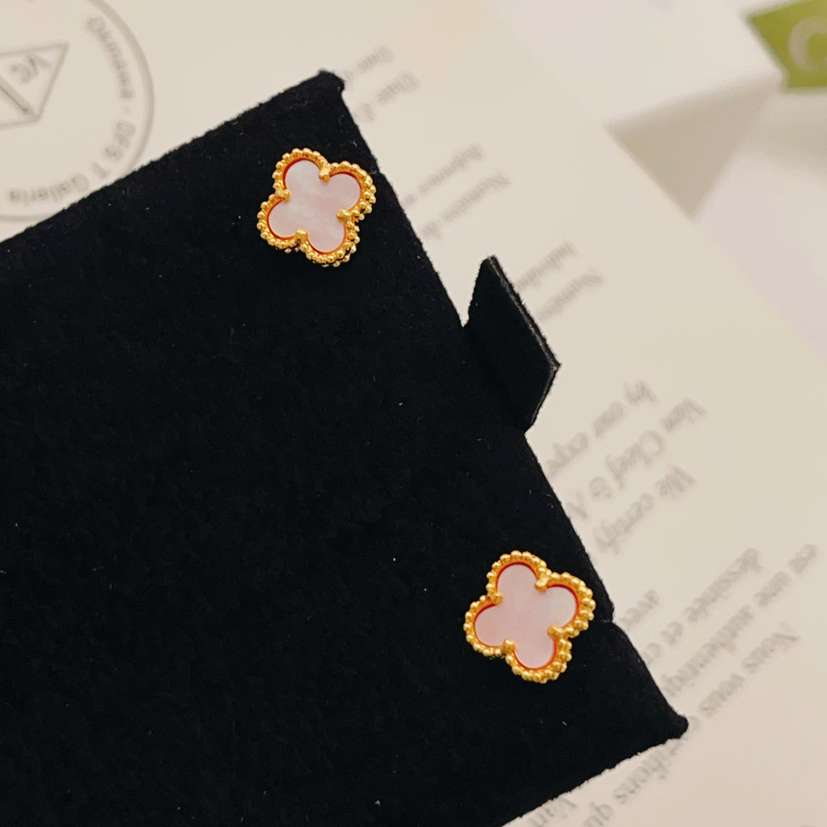 pink brass clover Stud Earrings for women - alternate angle view 5
