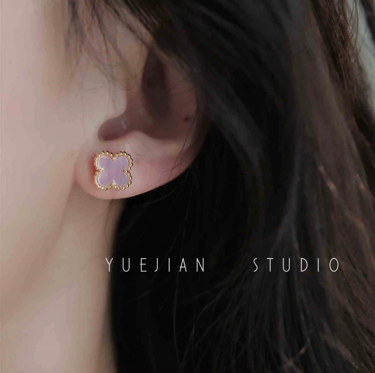 rose gold brass clover Stud Earrings for women - alternate angle view 9