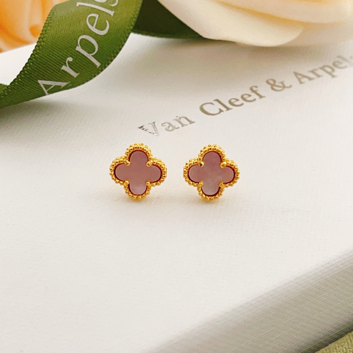 pink brass clover Stud Earrings for women - product detail view