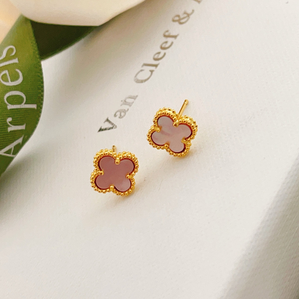 pink brass clover Stud Earrings for women - alternate angle view 2