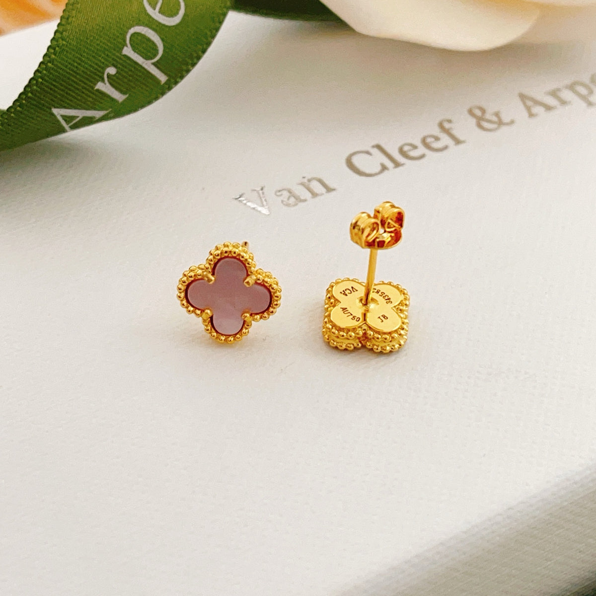 pink brass clover Stud Earrings for women - alternate angle view 3