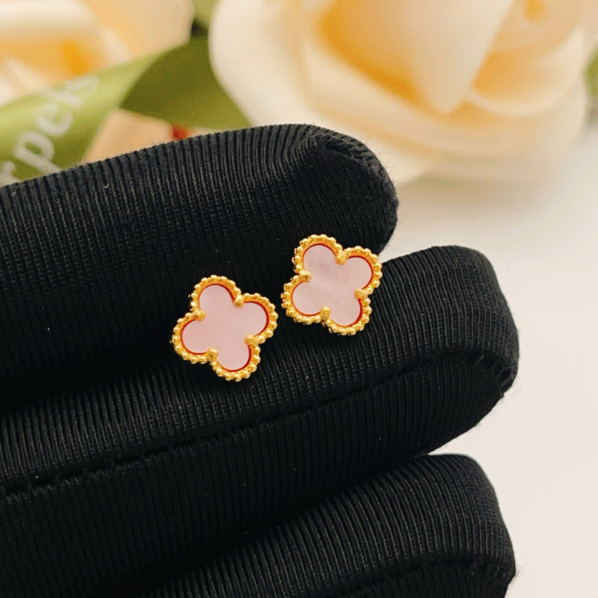 pink brass clover Stud Earrings for women - alternate angle view 6