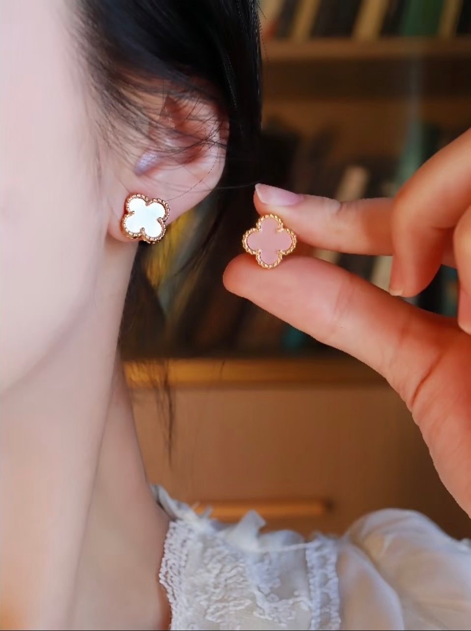 rose gold brass clover Stud Earrings for women - alternate angle view 5