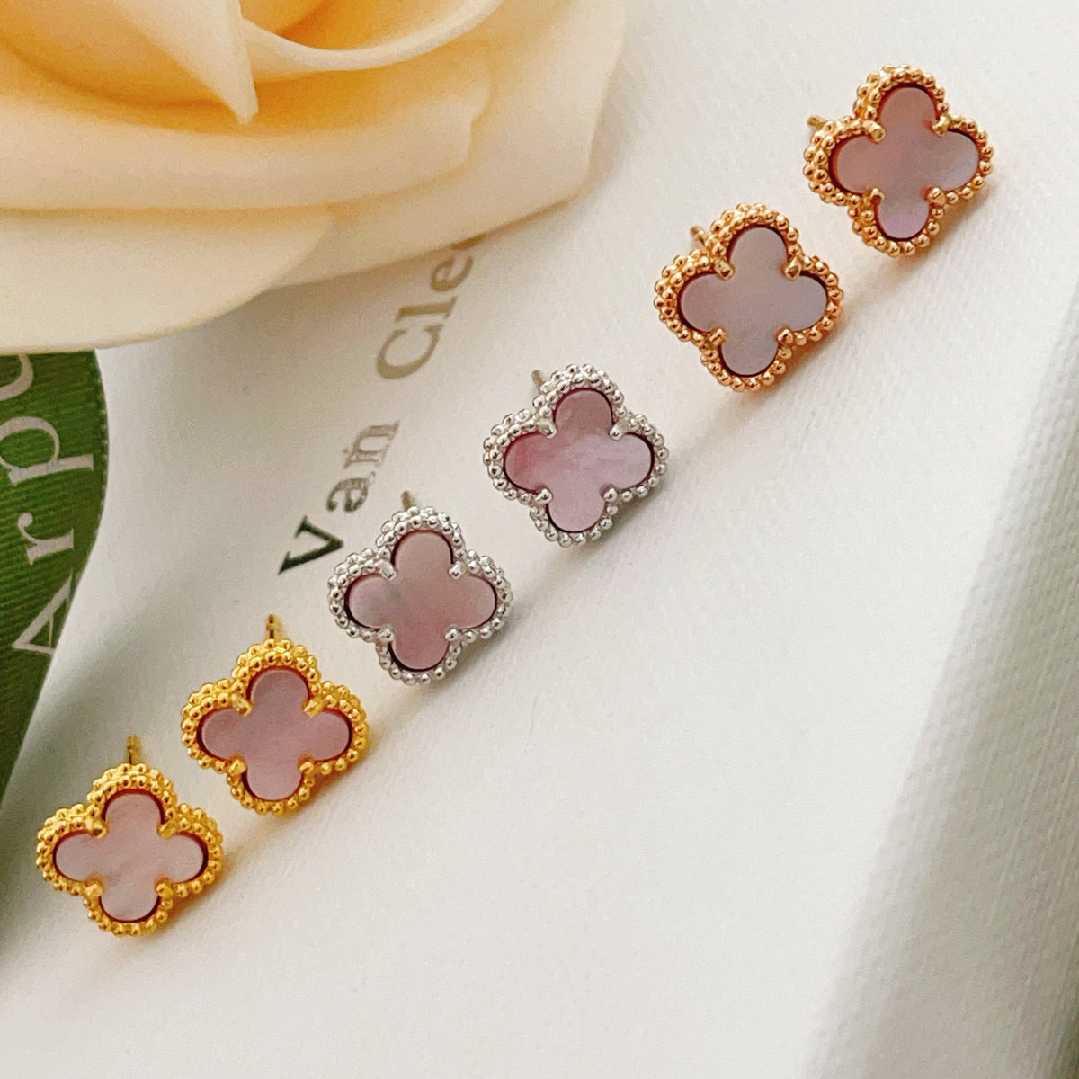 rose gold brass clover Stud Earrings for women - alternate angle view 7