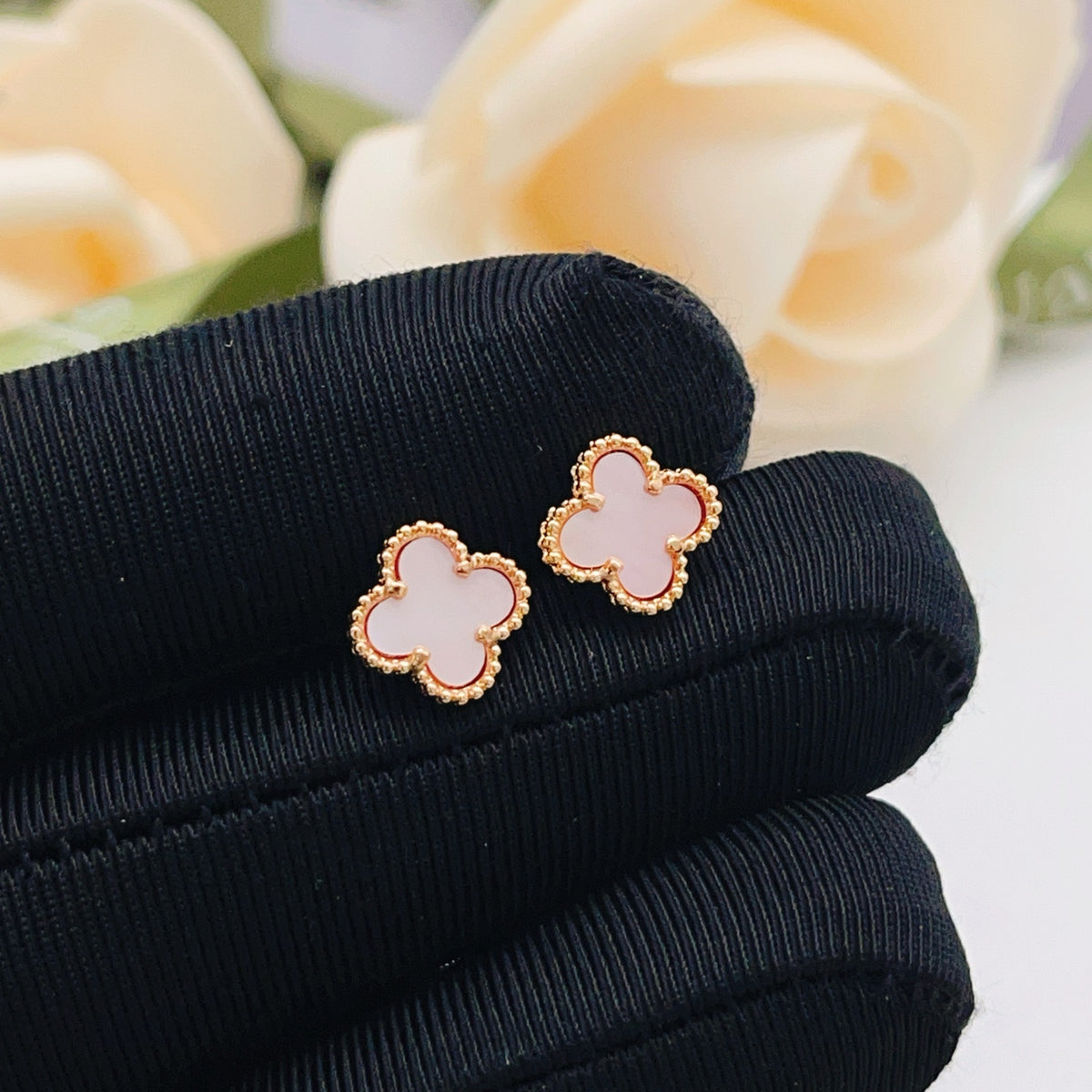 rose gold brass clover Stud Earrings for women - alternate angle view 6