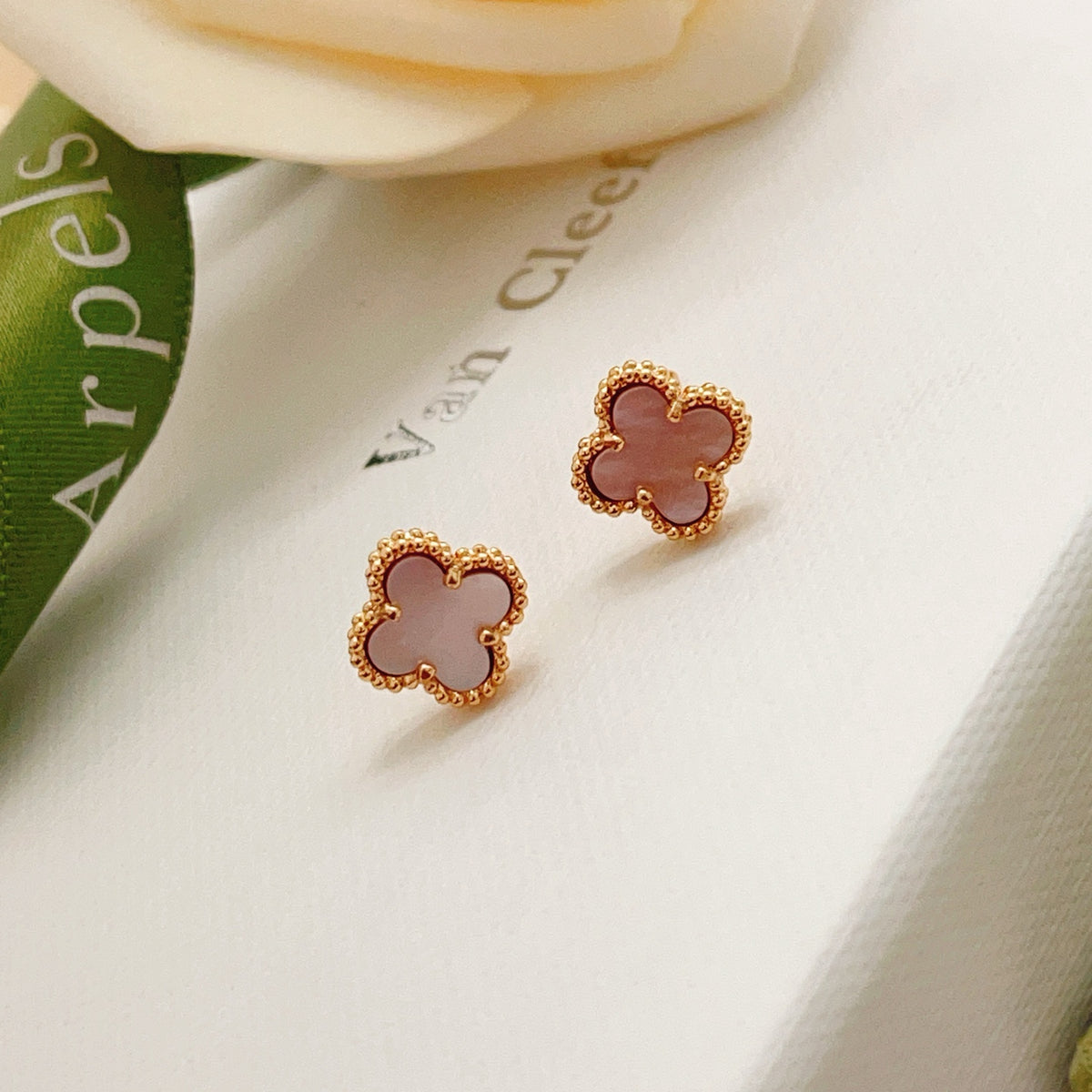 rose gold brass clover Stud Earrings for women - alternate angle view 2