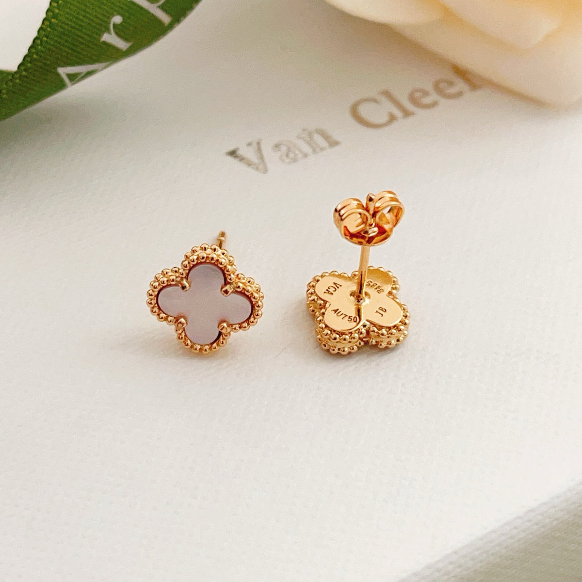 rose gold brass clover Stud Earrings for women - alternate angle view 3