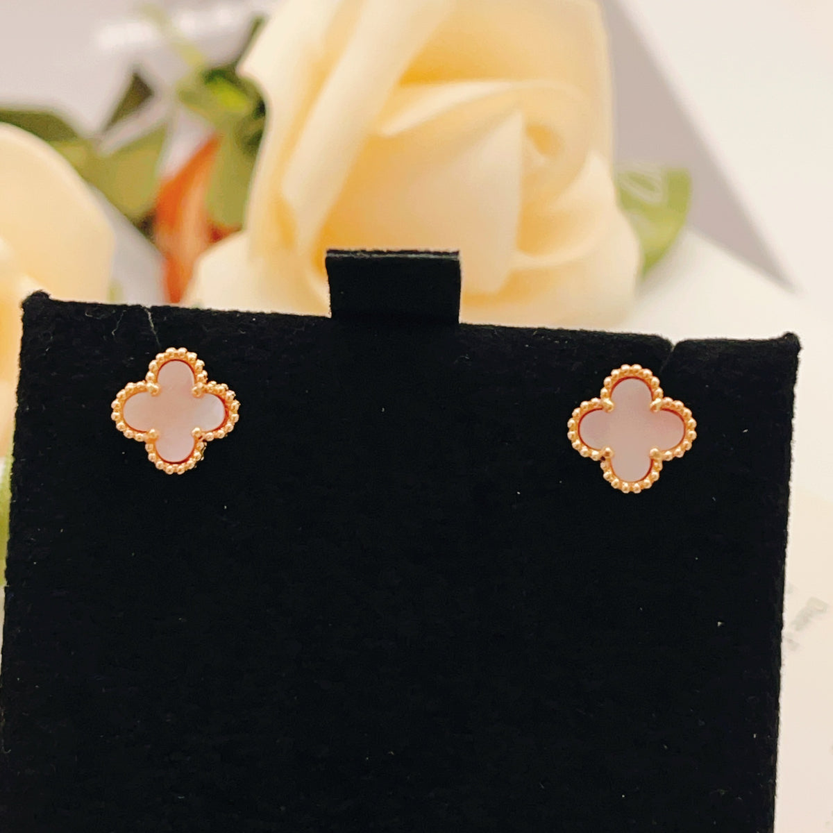 rose gold brass clover Stud Earrings for women - alternate angle view 5