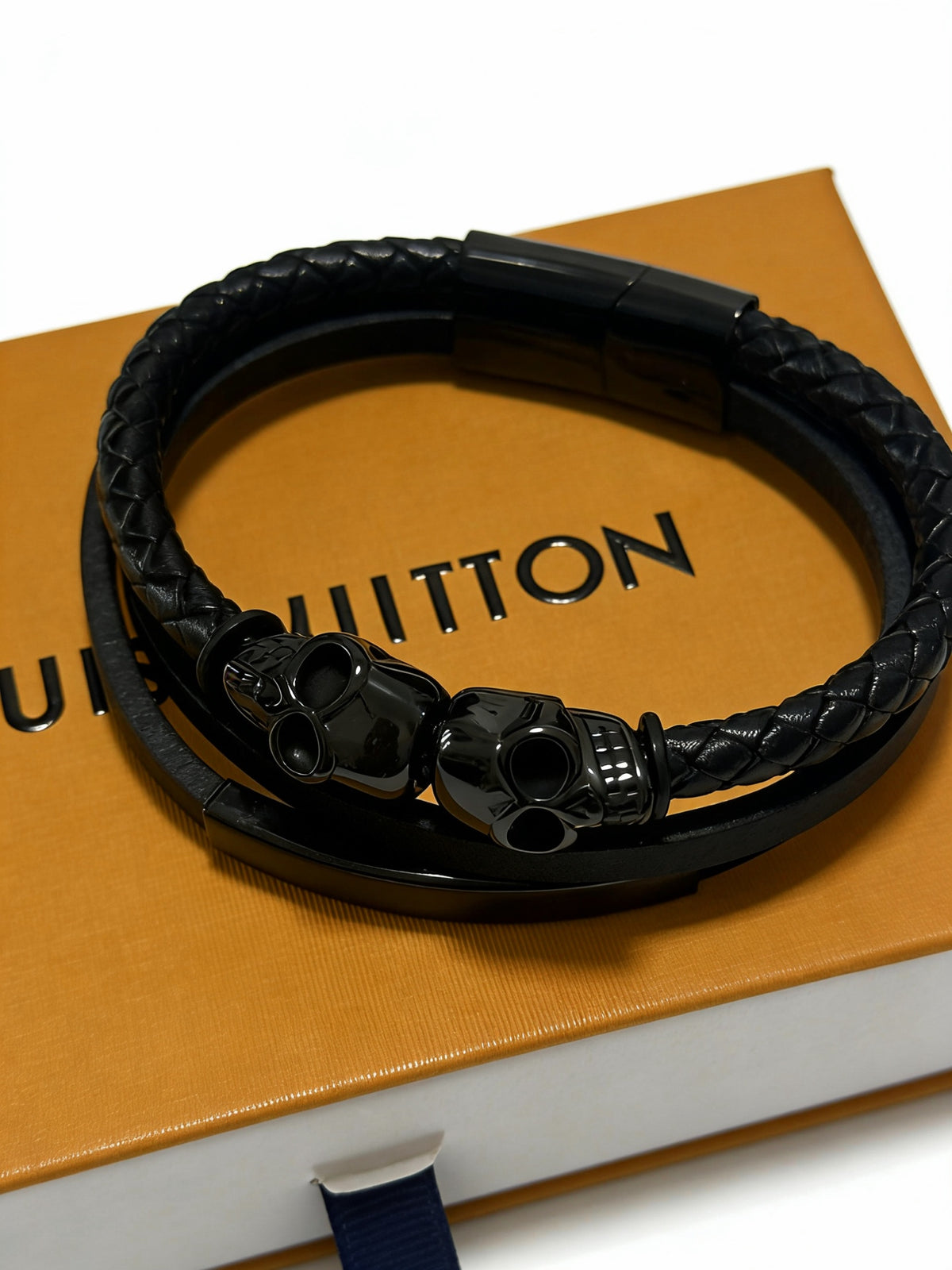 blue genuine leather chain Bracelet for men - alternate angle view 2
