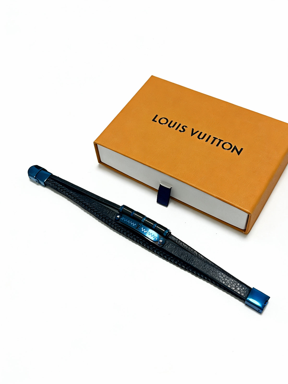 blue genuine leather chain Bracelet for men - product detail view