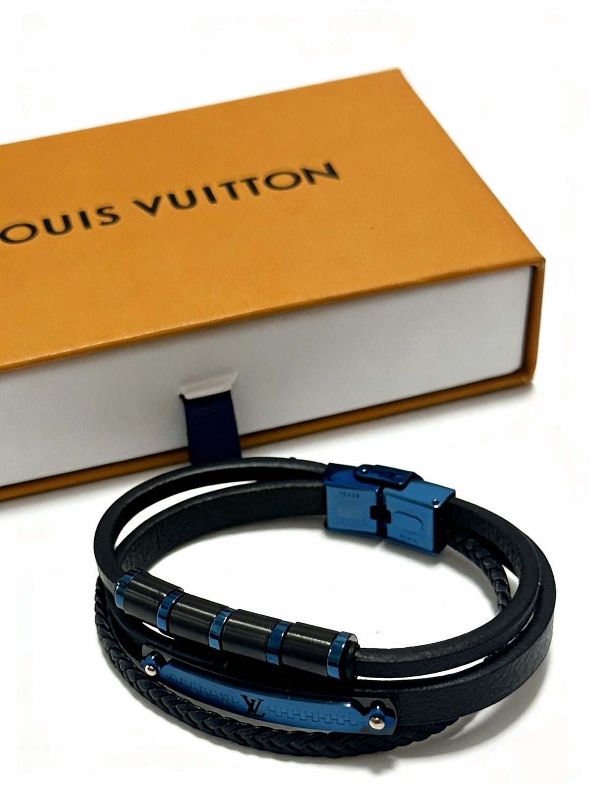 blue genuine leather chain Bracelet for men - alternate angle view 2