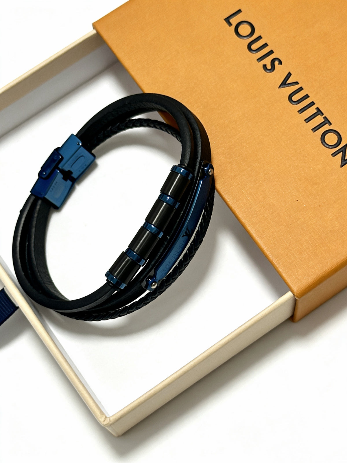 blue genuine leather chain Bracelet for men - alternate angle view 3