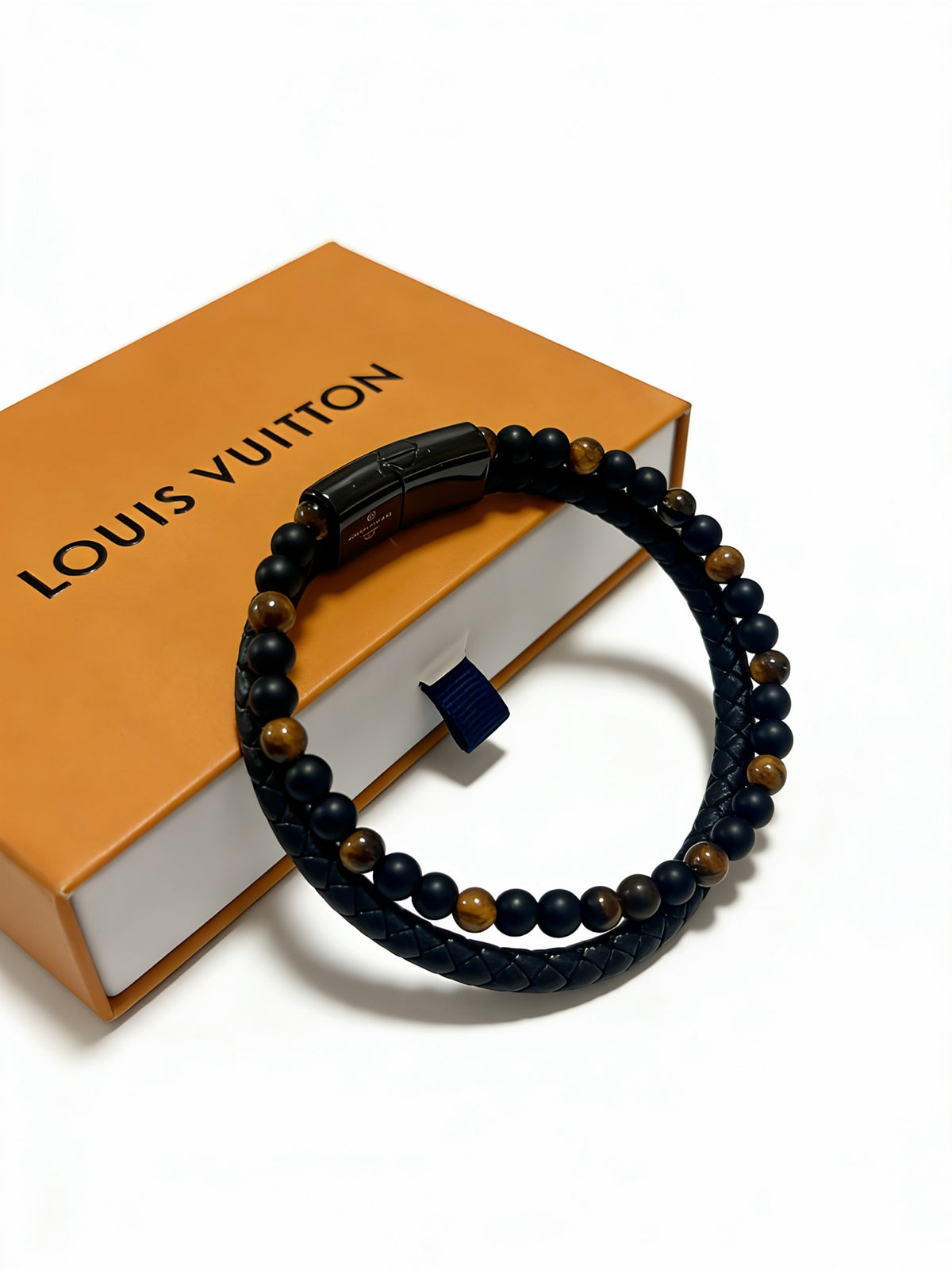 blue genuine leather chain Bracelet for men - alternate angle view 2