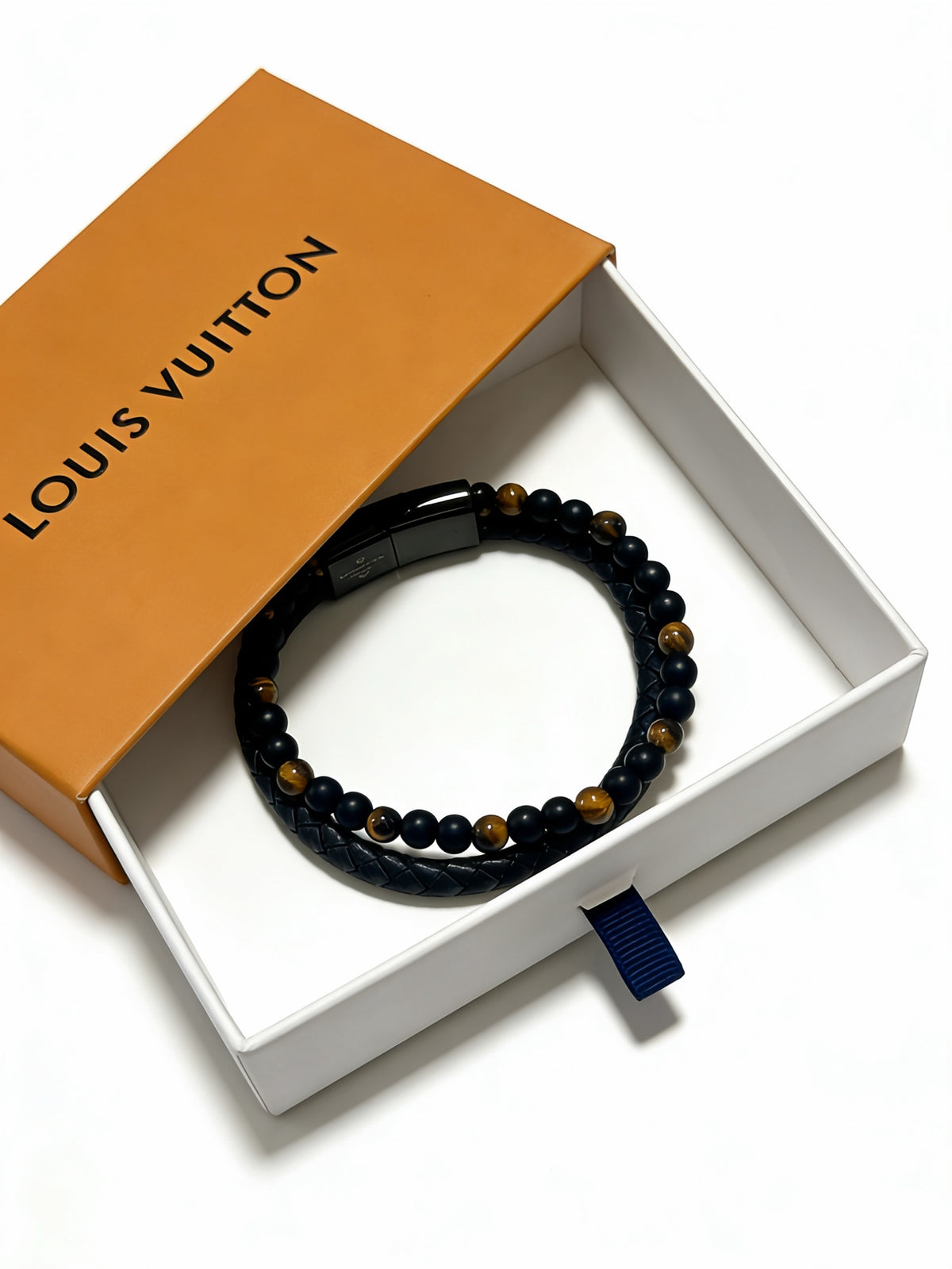 blue genuine leather chain Bracelet for men - product detail view