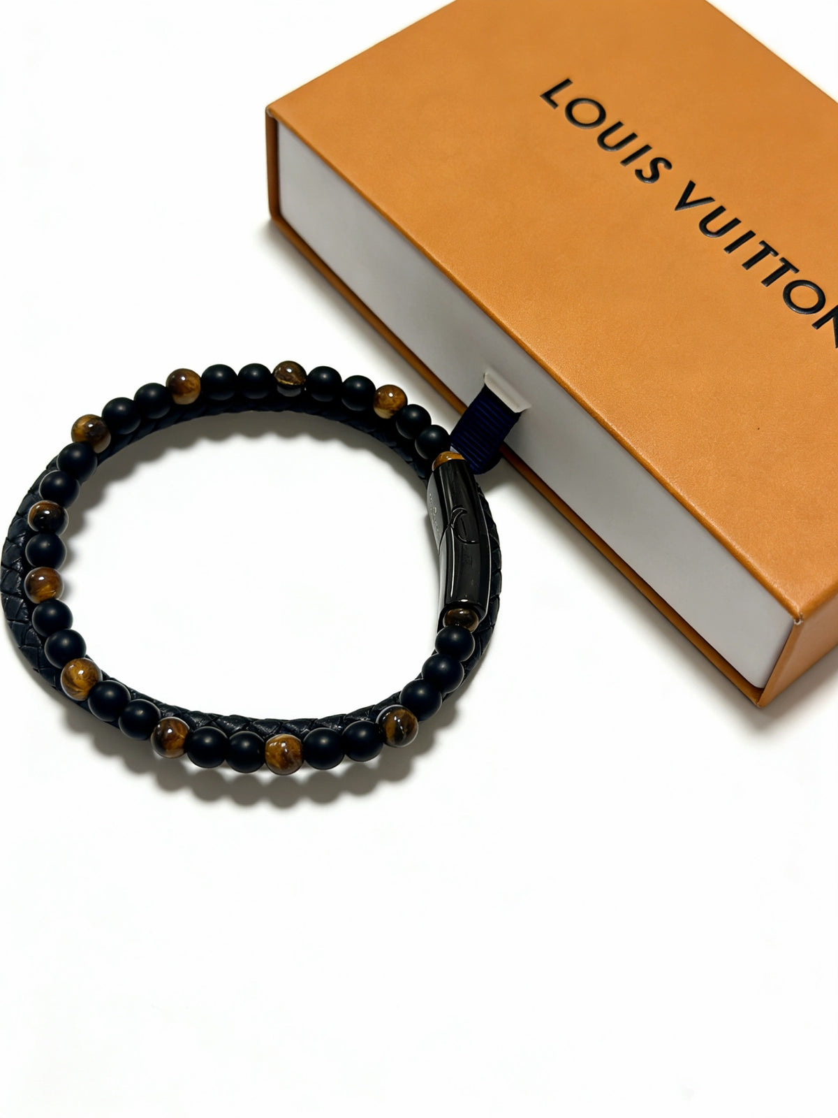 blue genuine leather chain Bracelet for men - alternate angle view 4