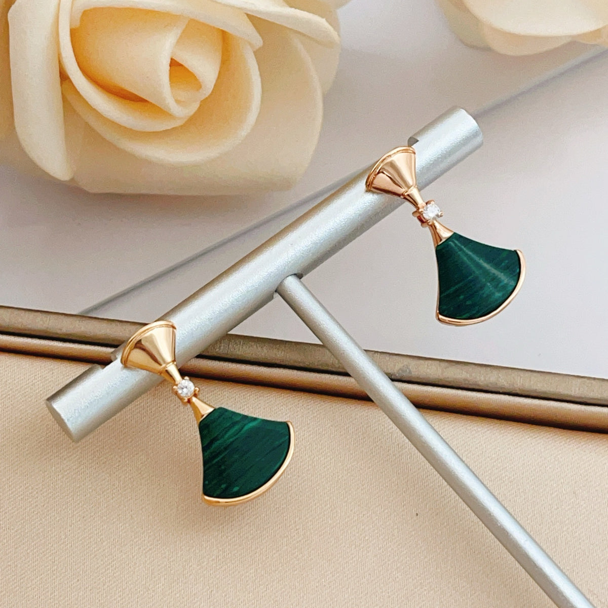 rose gold brass rose Stud Earrings for women - alternate angle view 3