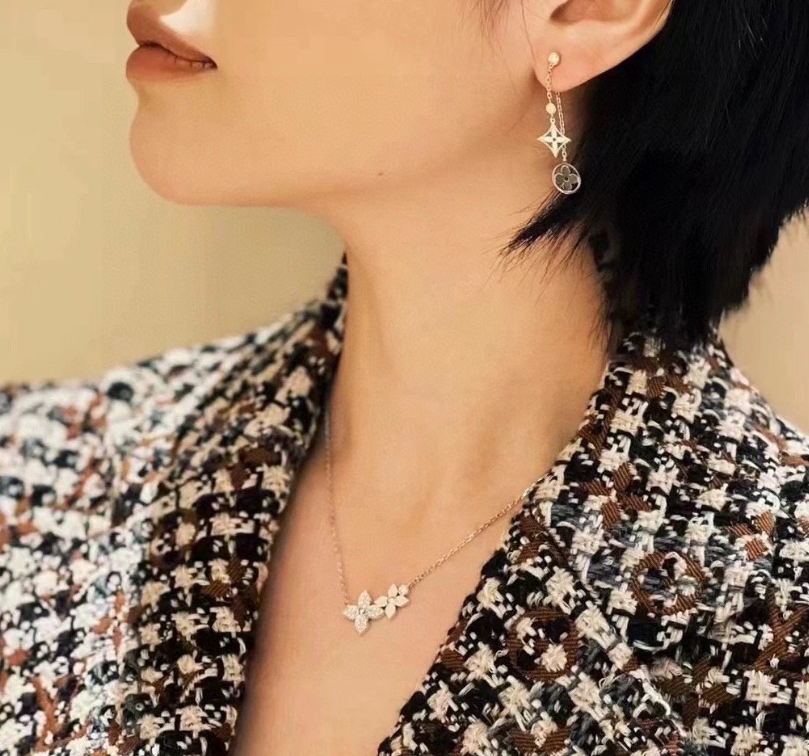 rose gold crystal clover Necklace for women - alternate angle view 4