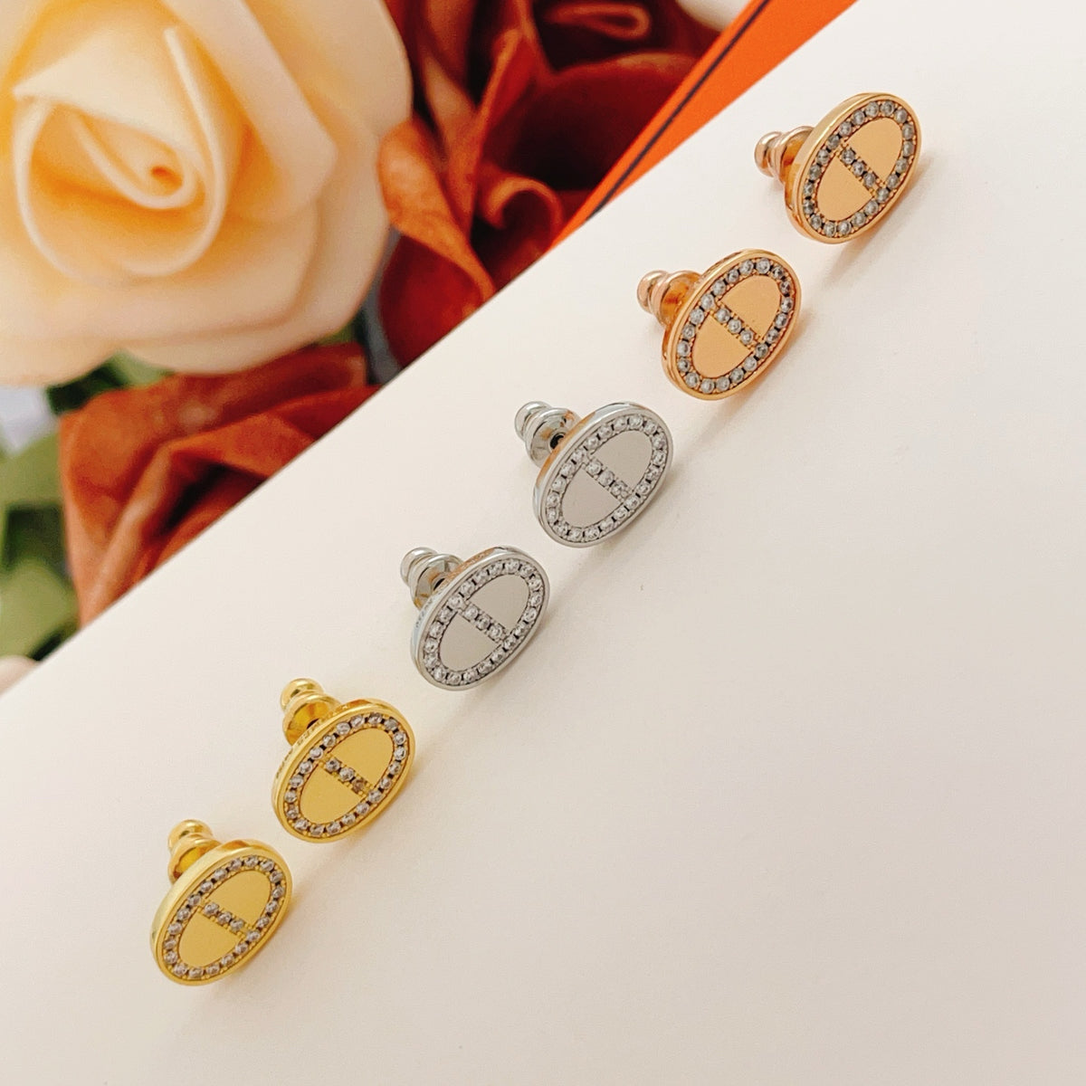rose gold brass rose Stud Earrings for women - product detail view