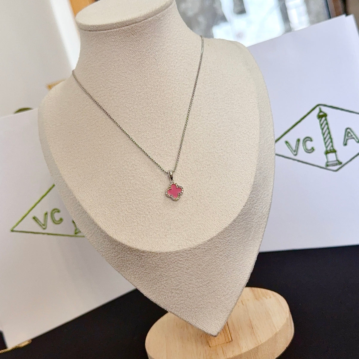 gold crystal clover Necklace for women - alternate angle view 3