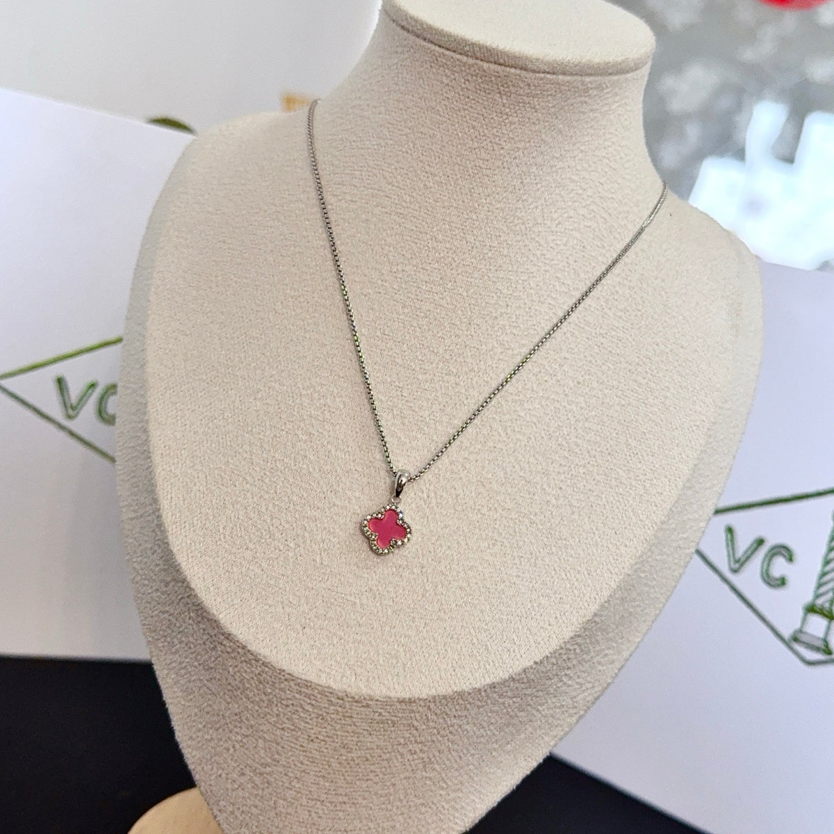 gold crystal clover Necklace for women - alternate angle view 2