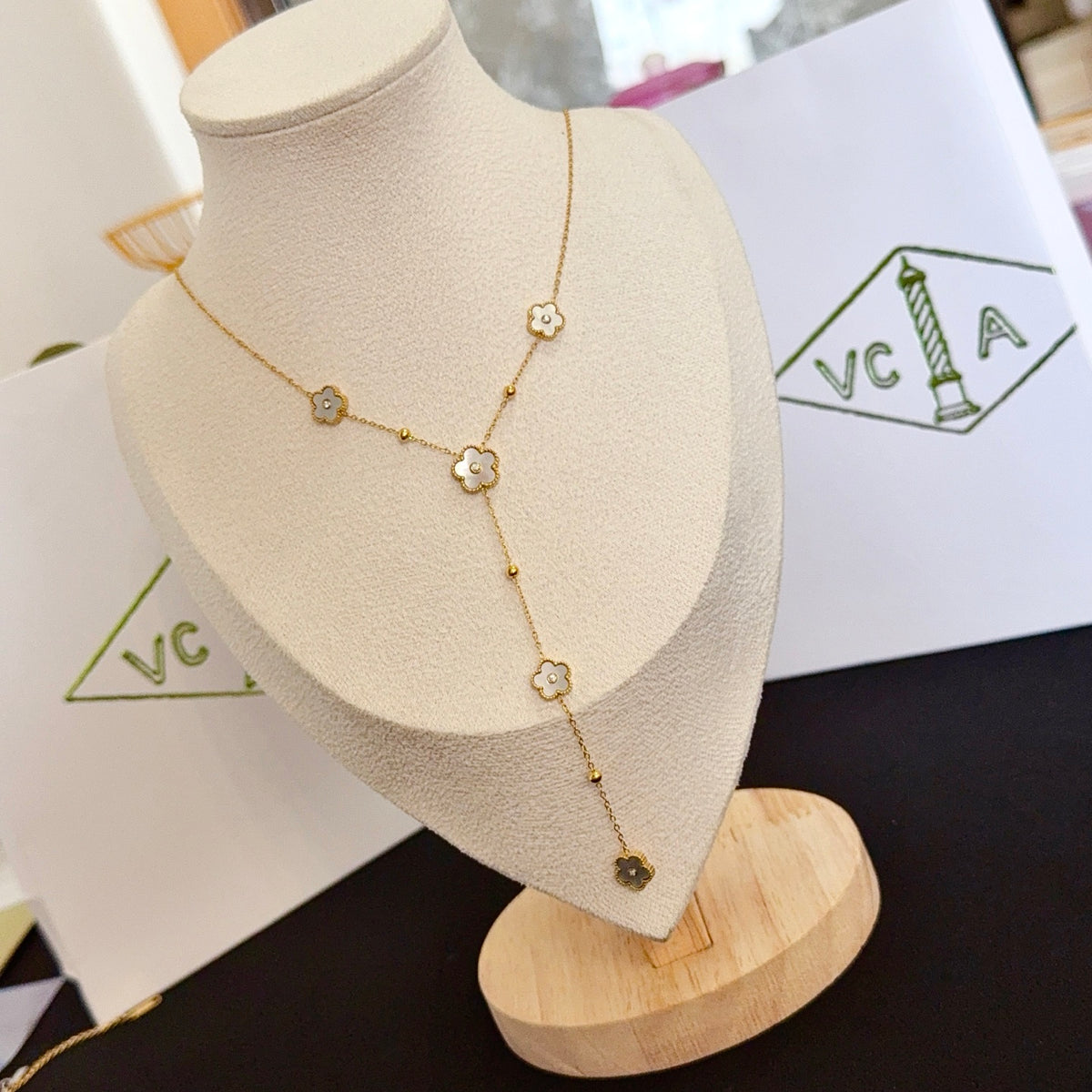 gold crystal clover Necklace for women - alternate angle view 3