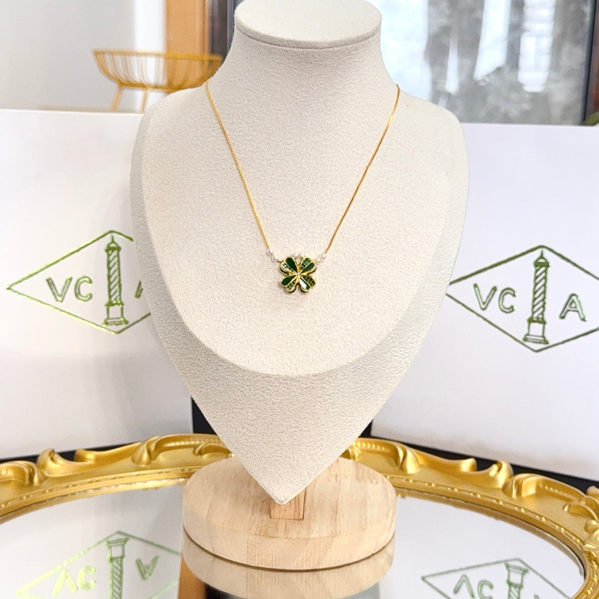 gold crystal clover Necklace for women - product detail view