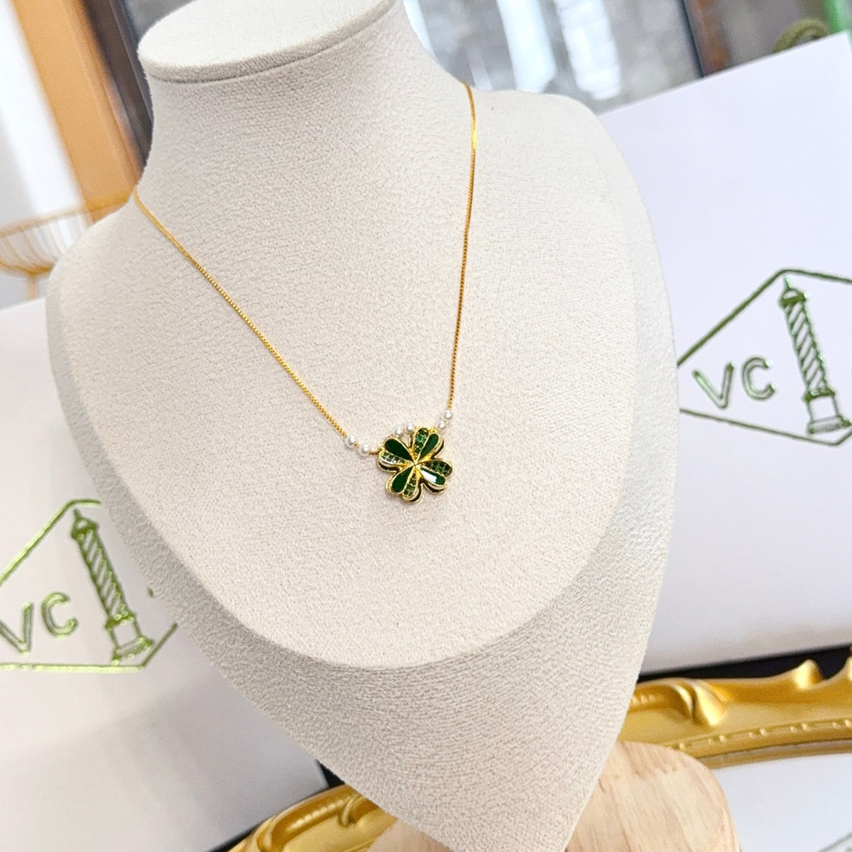 gold crystal clover Necklace for women - alternate angle view 3