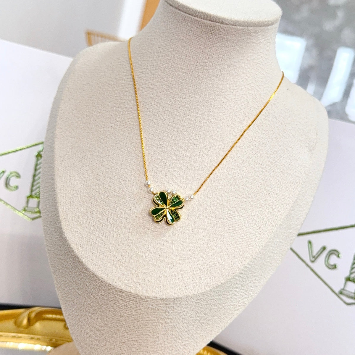 gold crystal clover Necklace for women - alternate angle view 2
