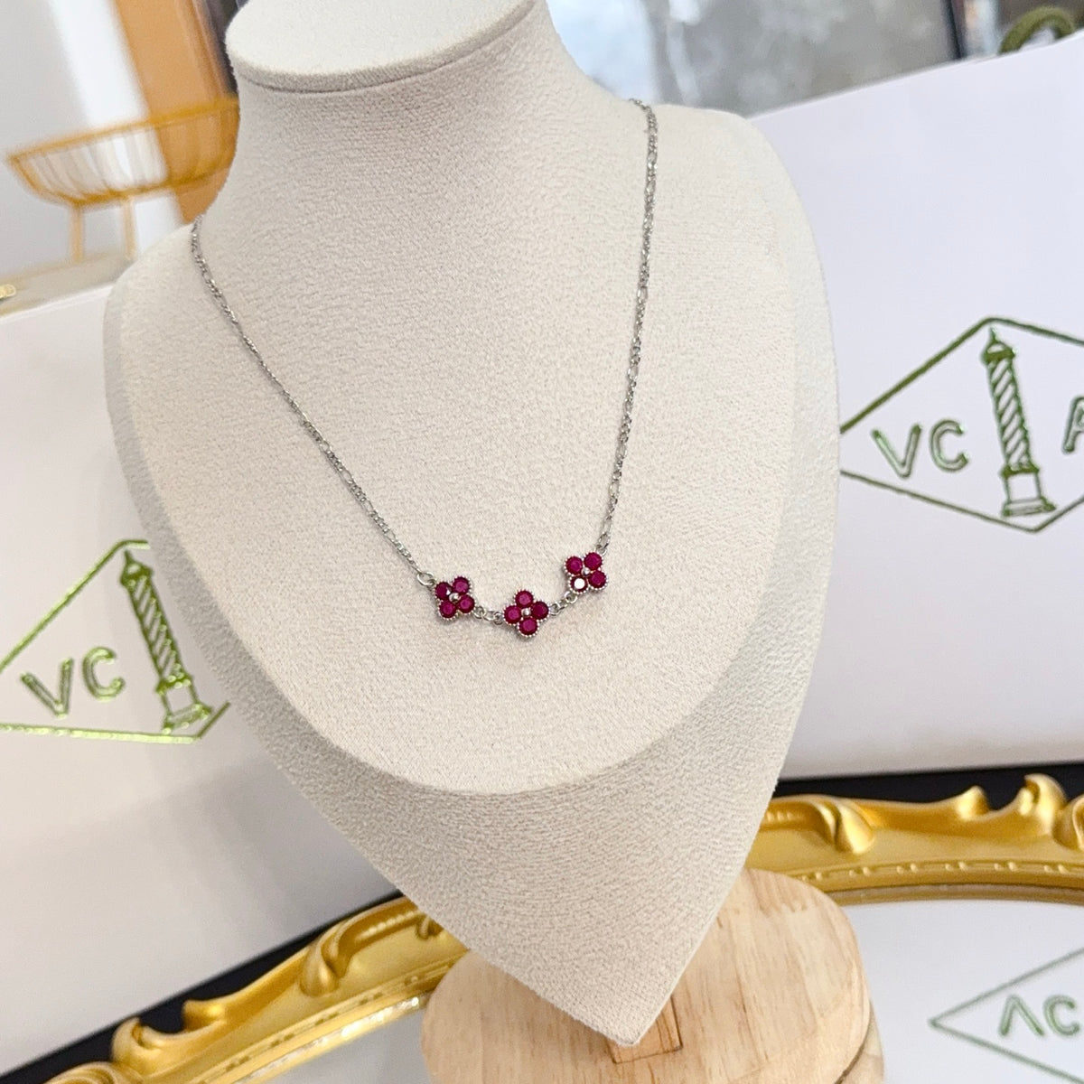 gold crystal clover Necklace for women - alternate angle view 3