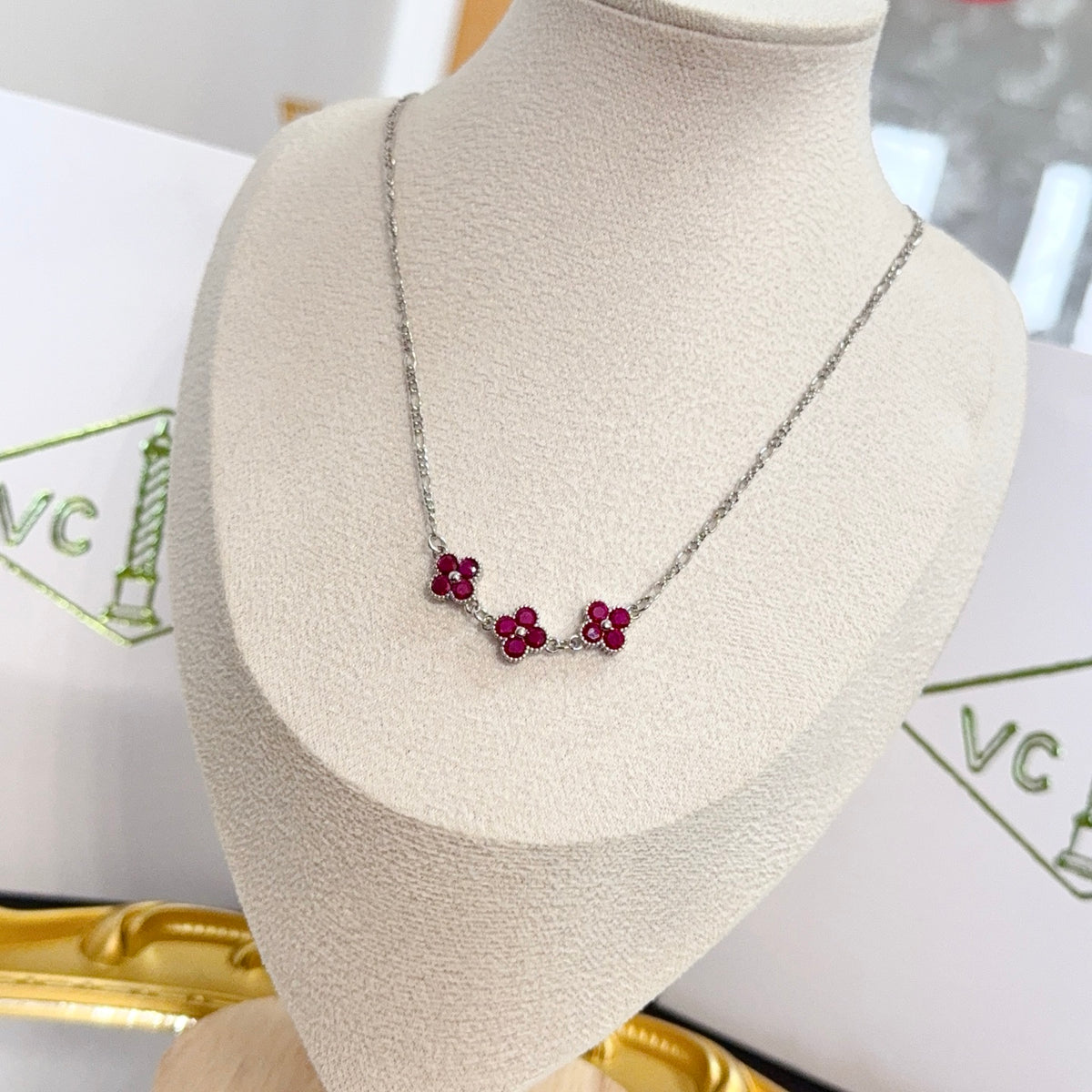 gold crystal clover Necklace for women - alternate angle view 2