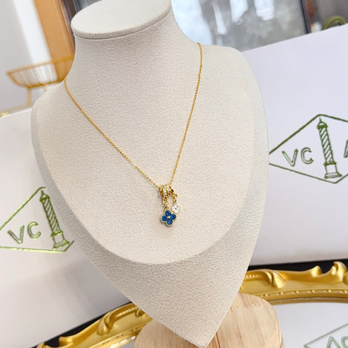 gold crystal clover Necklace for women - alternate angle view 3