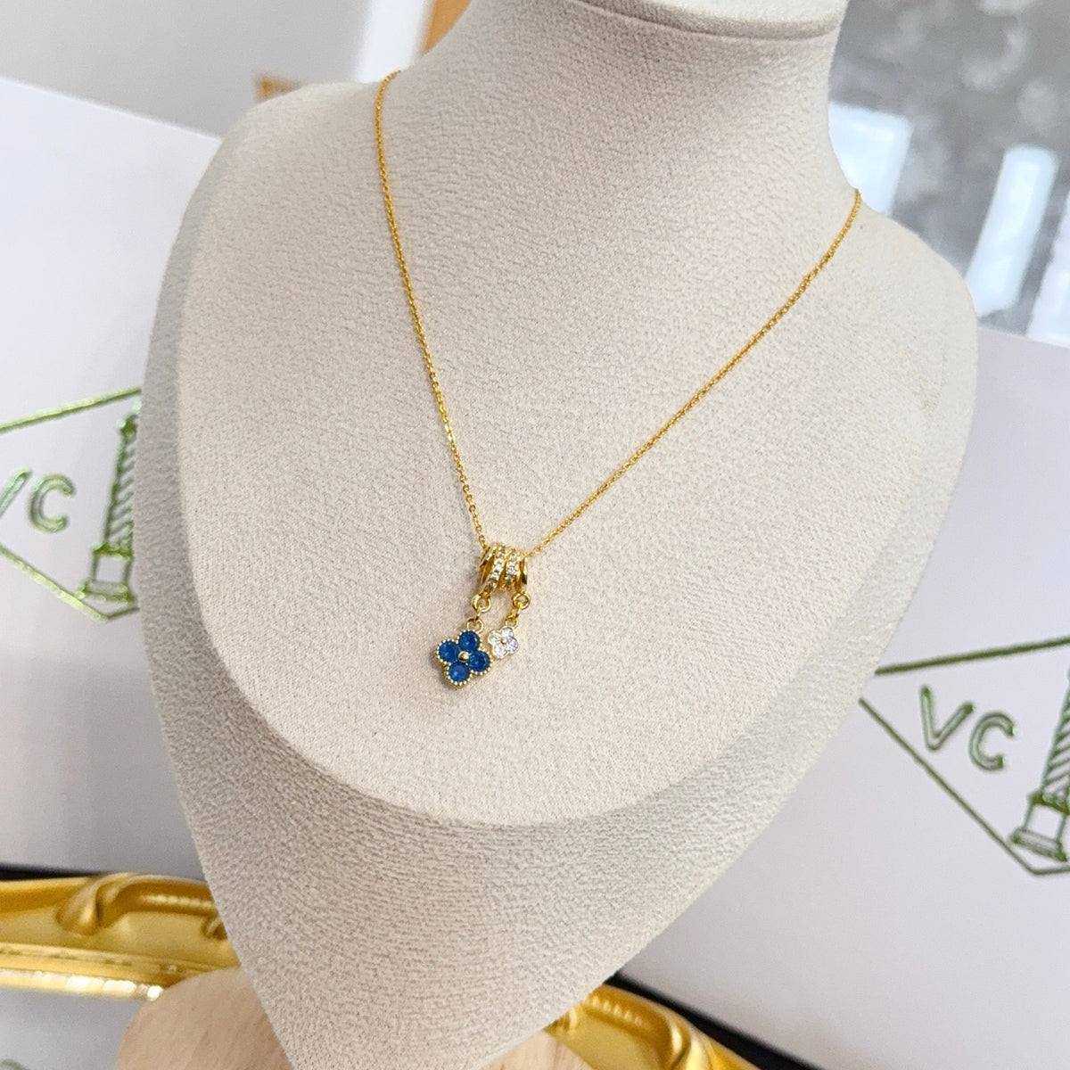 gold crystal clover Necklace for women - alternate angle view 2