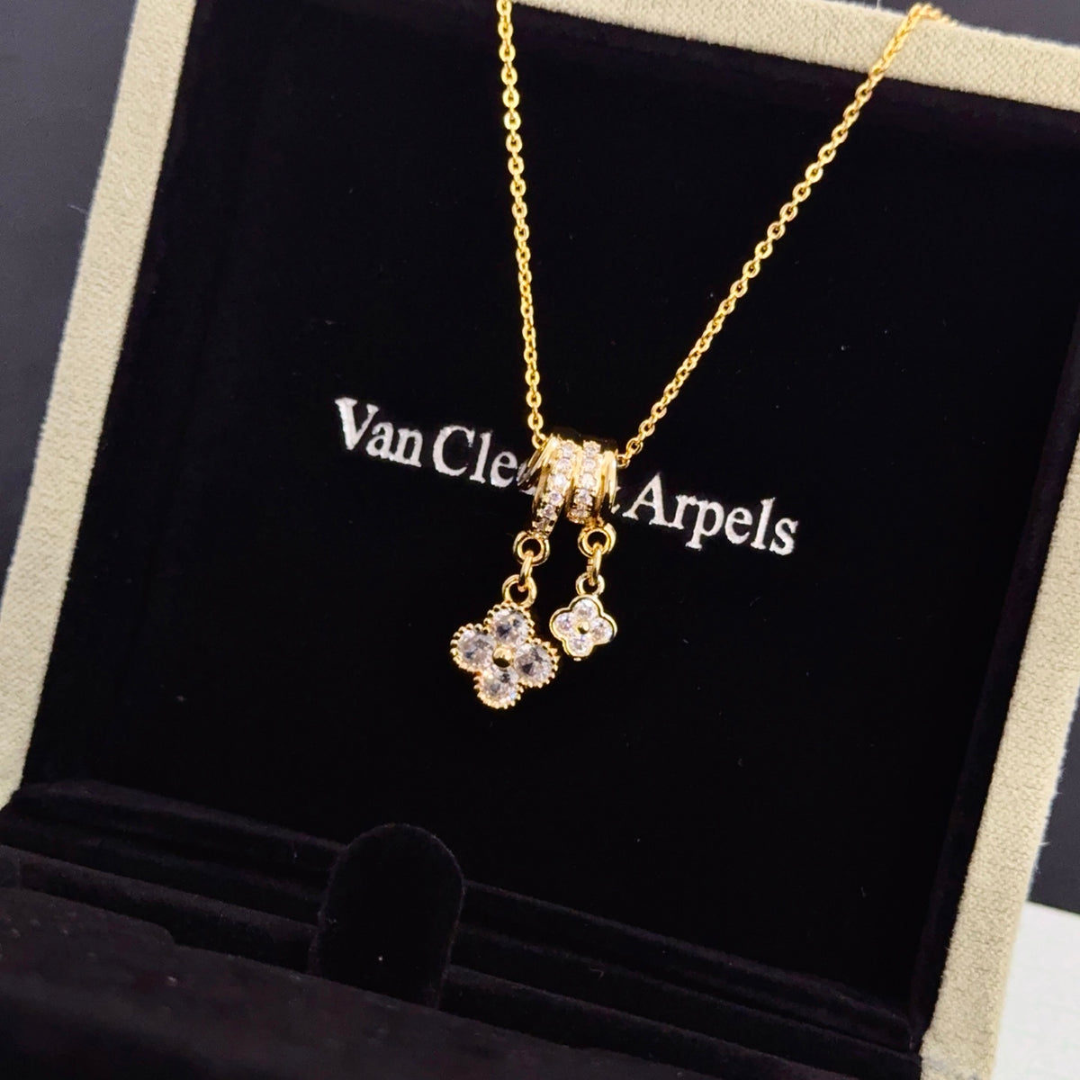 gold crystal clover Necklace for women - alternate angle view 7