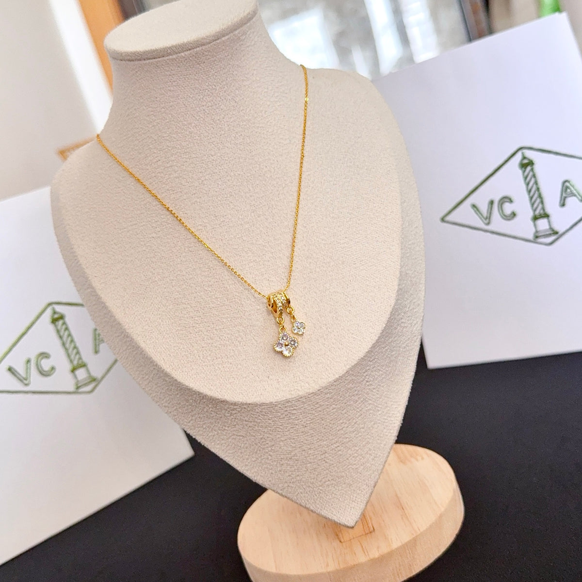 gold crystal clover Necklace for women - alternate angle view 3