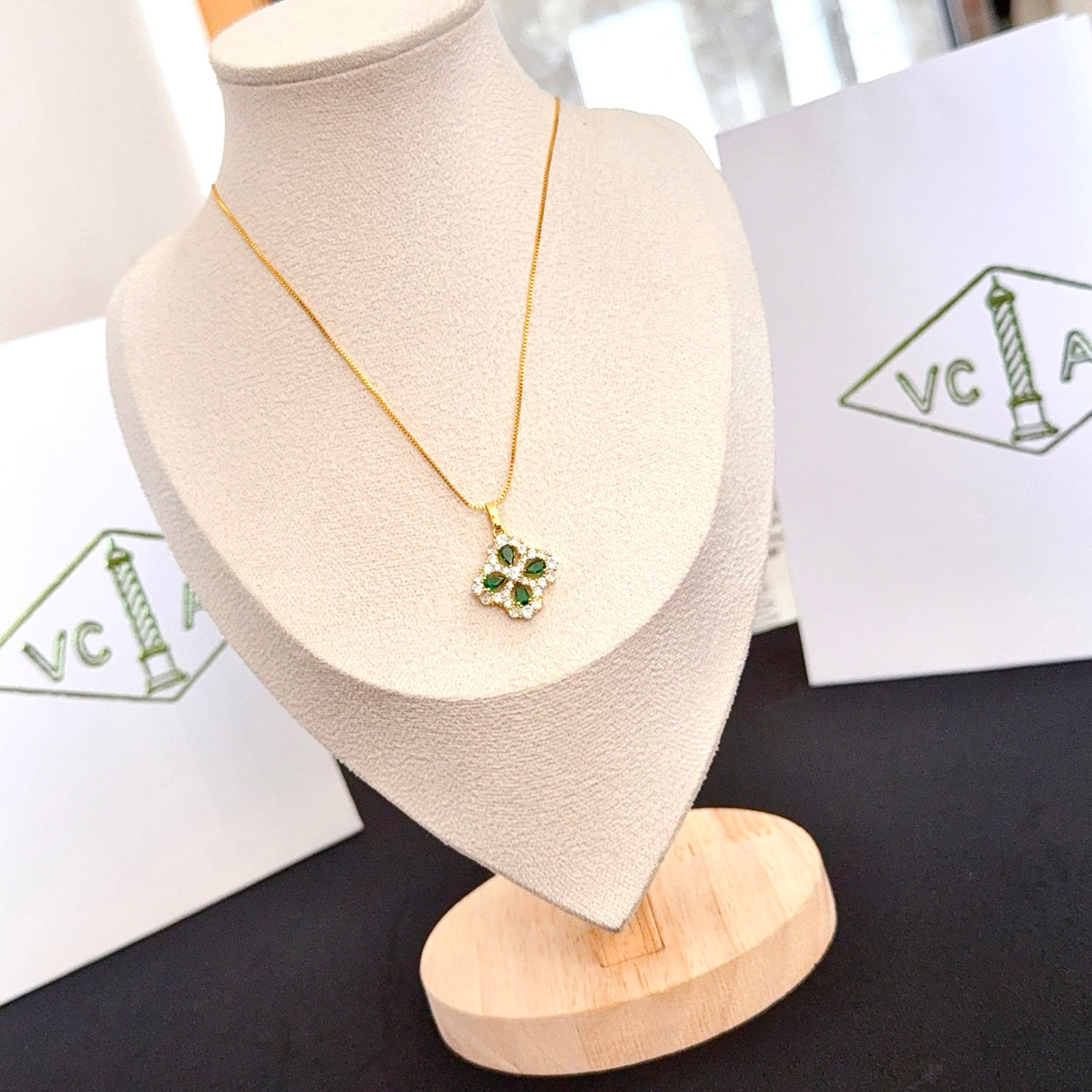 gold crystal clover Necklace for women - alternate angle view 3