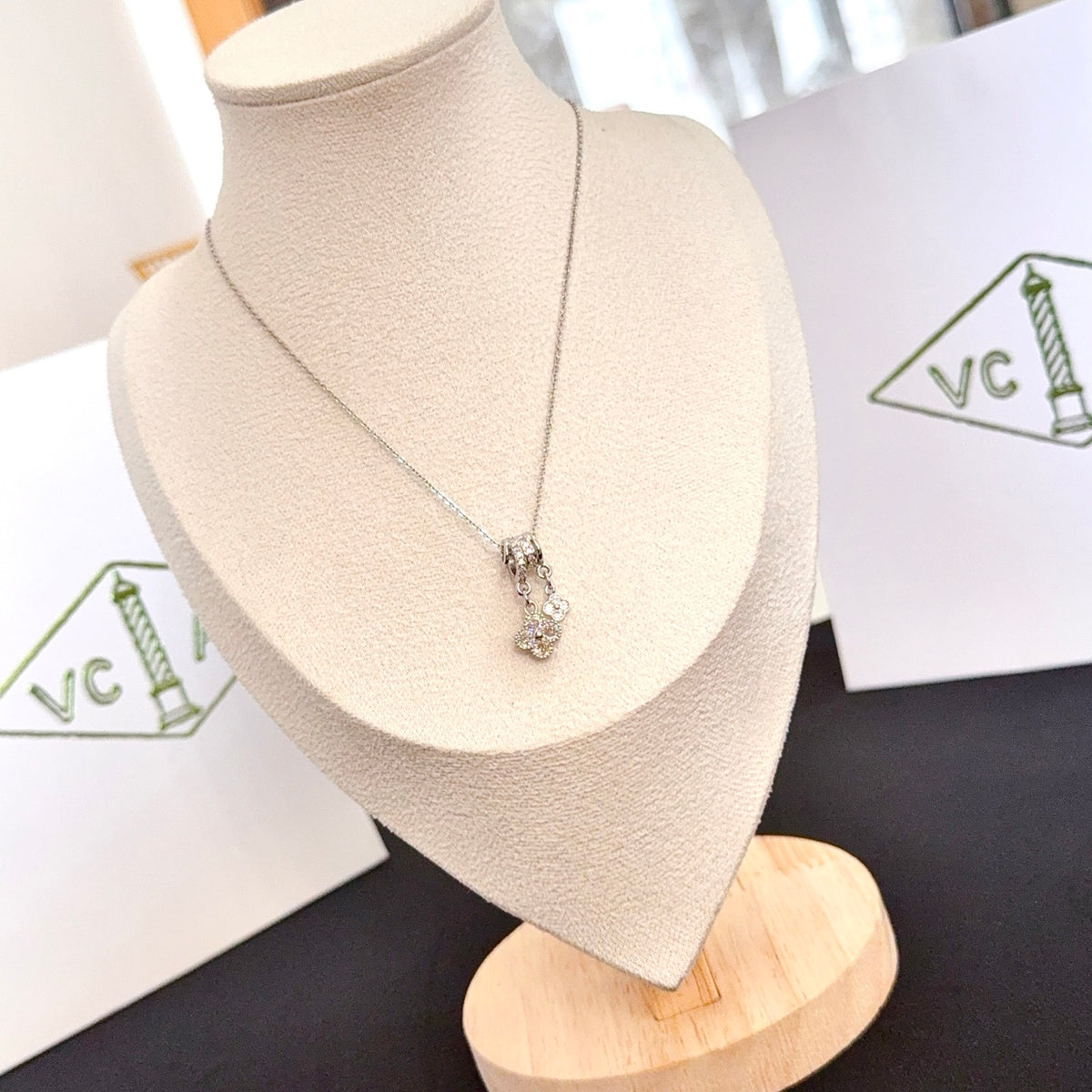 gold crystal clover Necklace for women - alternate angle view 3