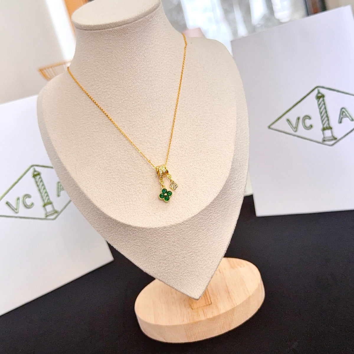 gold crystal clover Necklace for women - alternate angle view 2