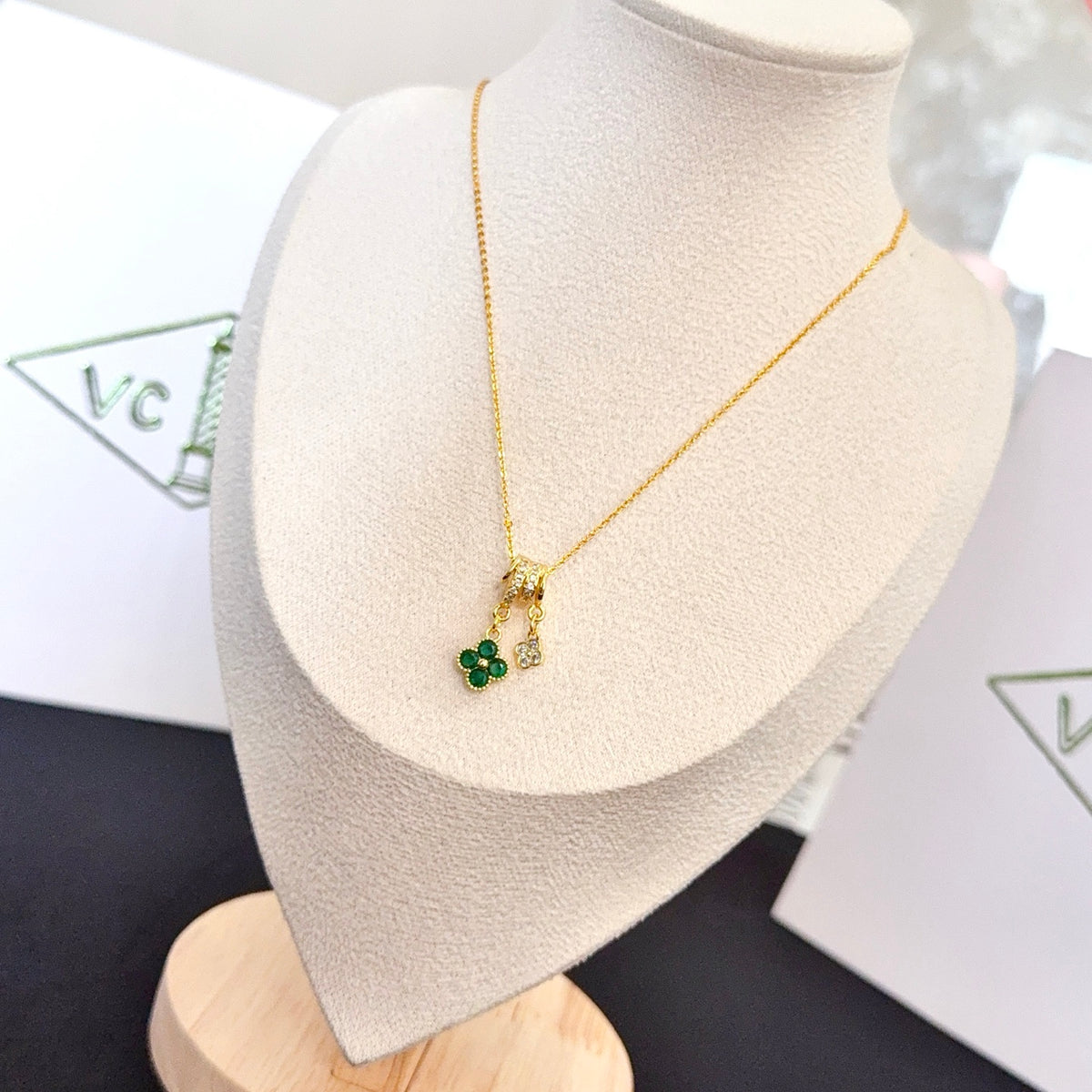 gold crystal clover Necklace for women - alternate angle view 3