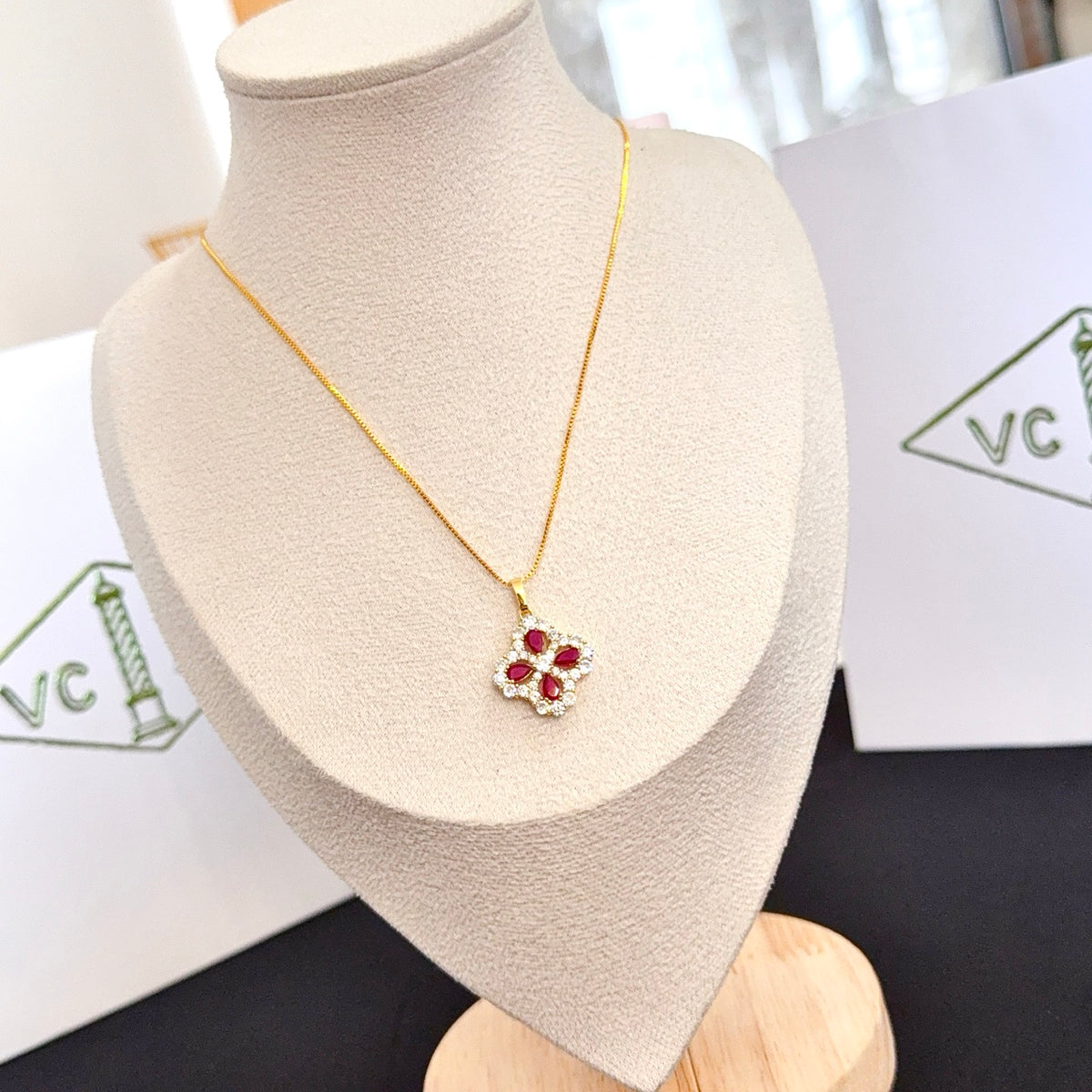 gold crystal clover Necklace for women - alternate angle view 3