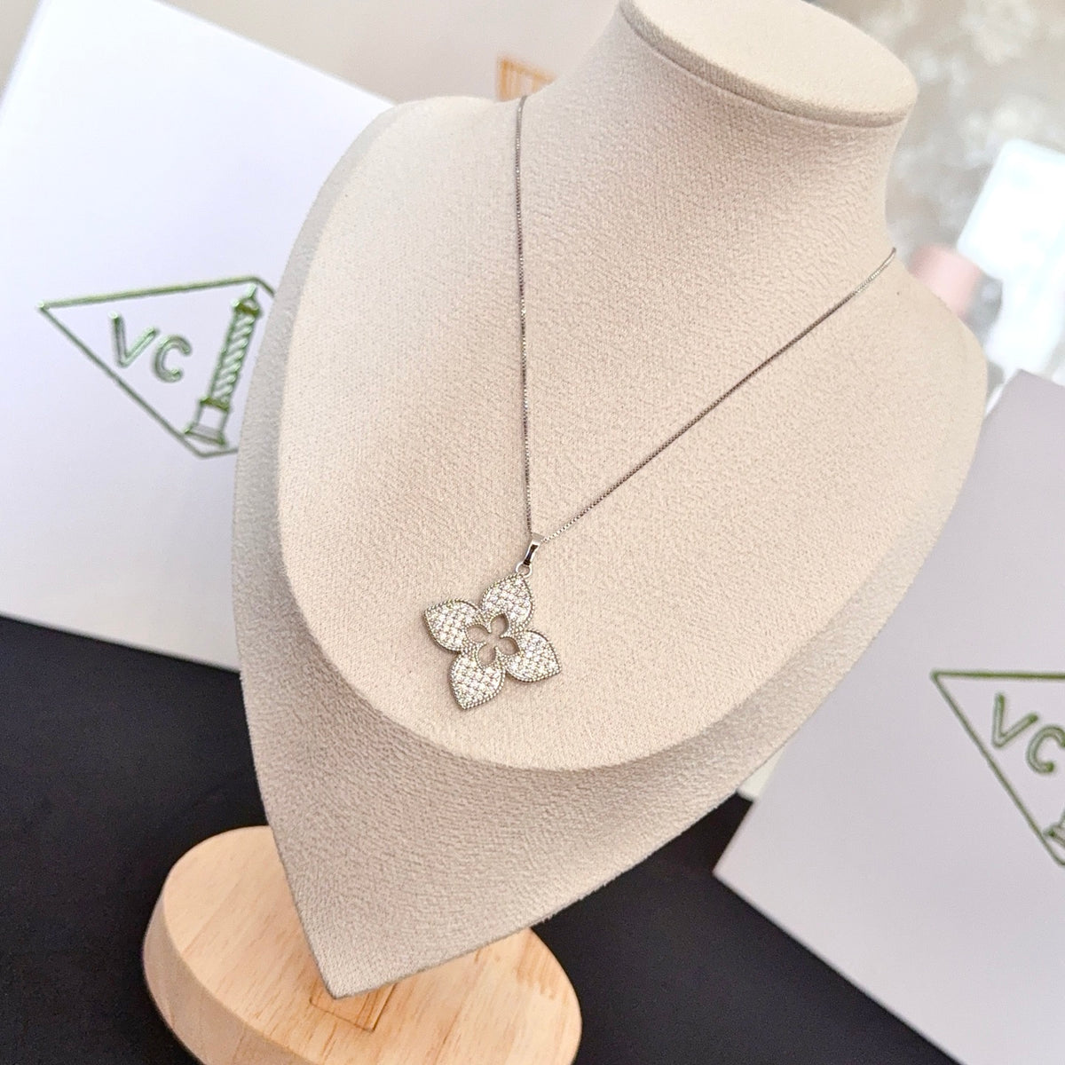 gold crystal clover Necklace for women - alternate angle view 2