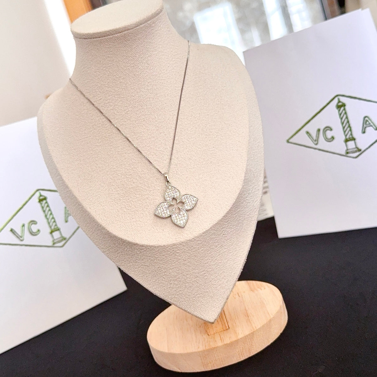 gold crystal clover Necklace for women - alternate angle view 3